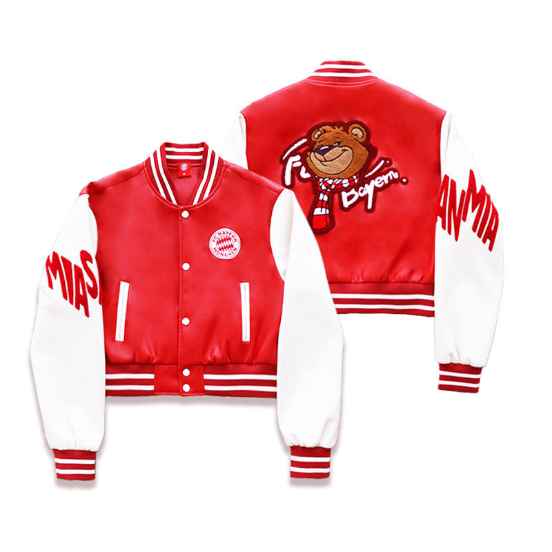 FC Bayern Munich Red Bear Varsity Jacket - clean front and back product view - Women fit