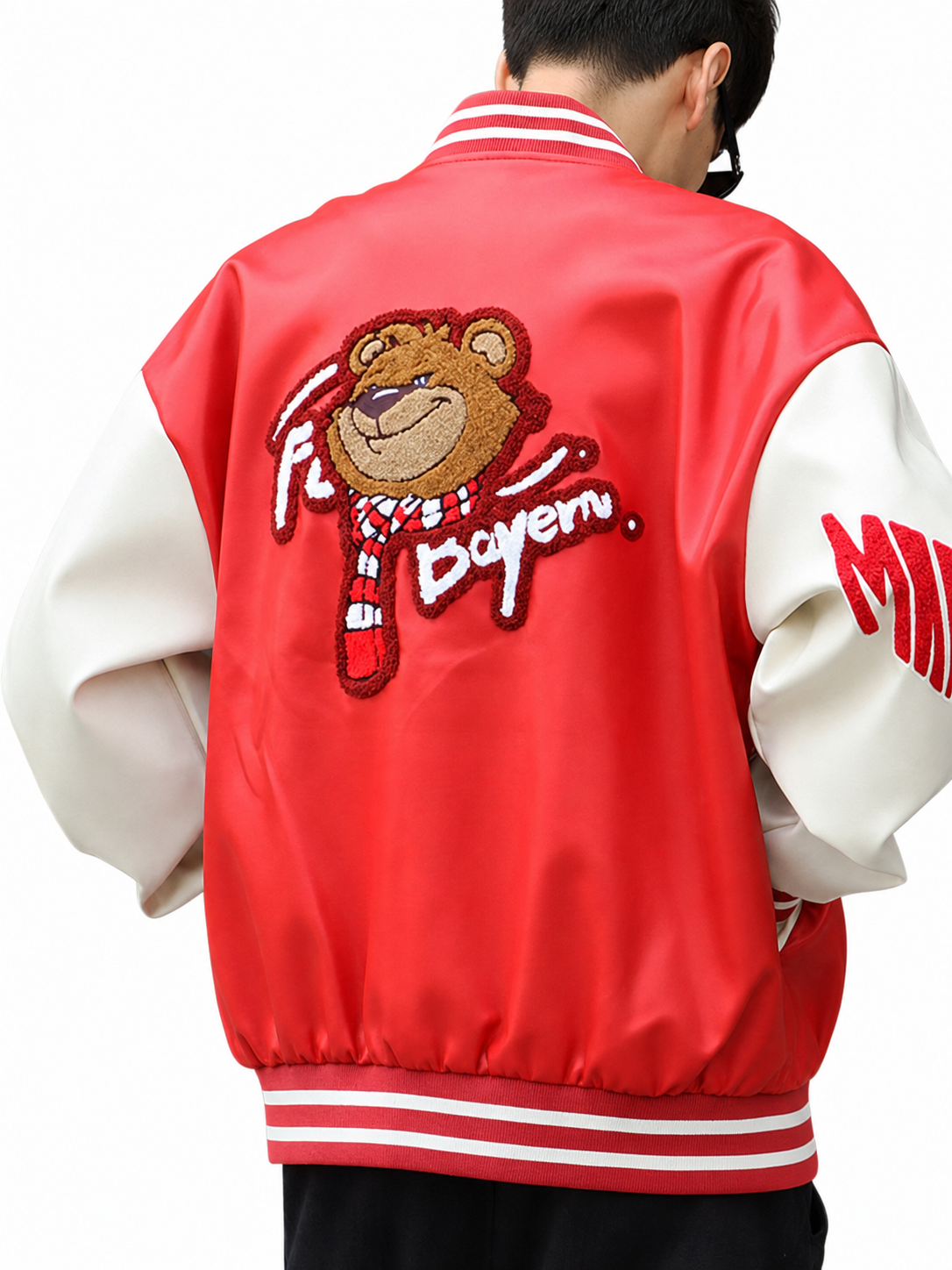 FC Bayern Munich Red Bear Varsity Jacket - back view on model