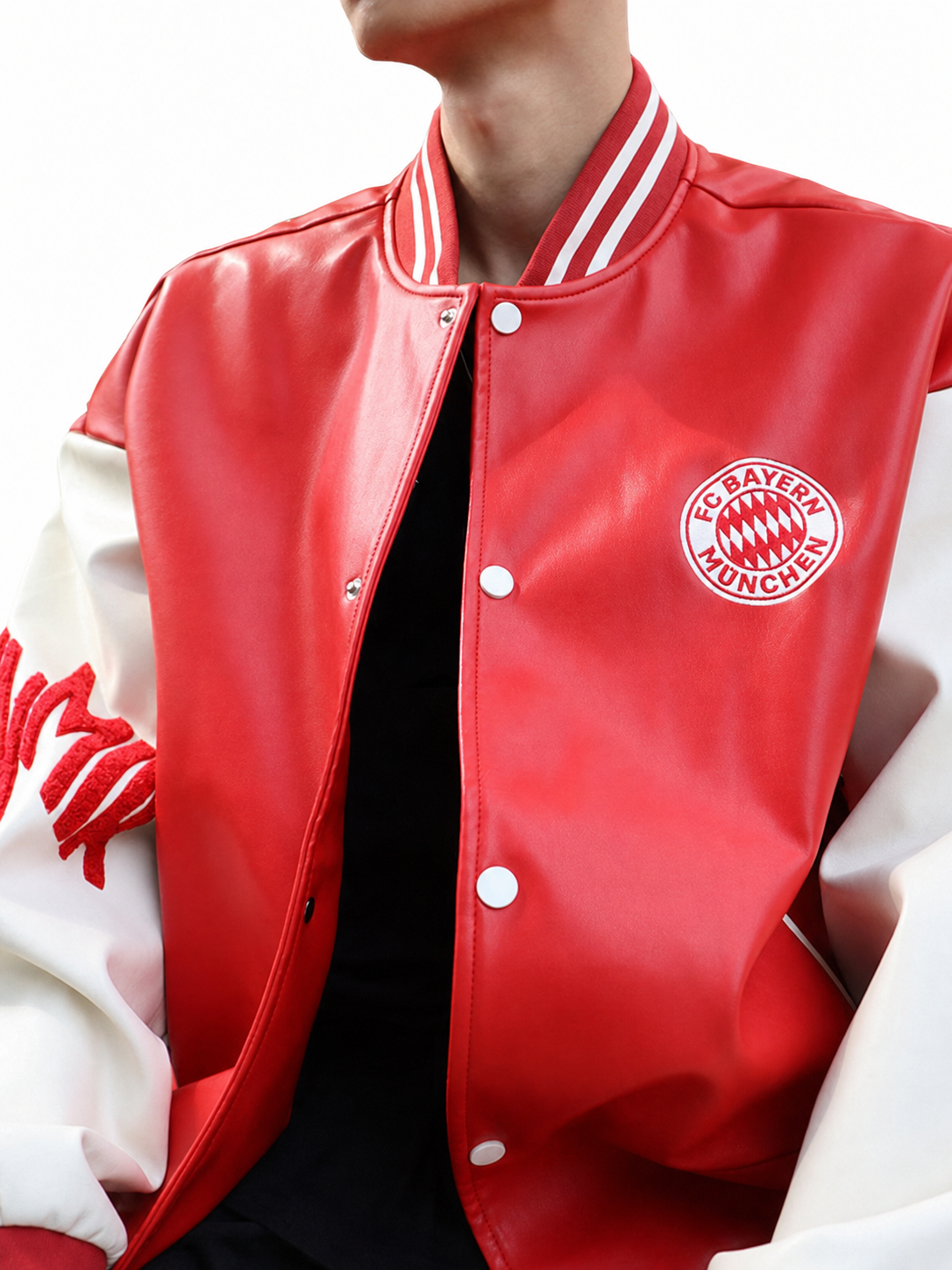 FC Bayern Munich Red Bear Varsity Jacket - front crest and material detail