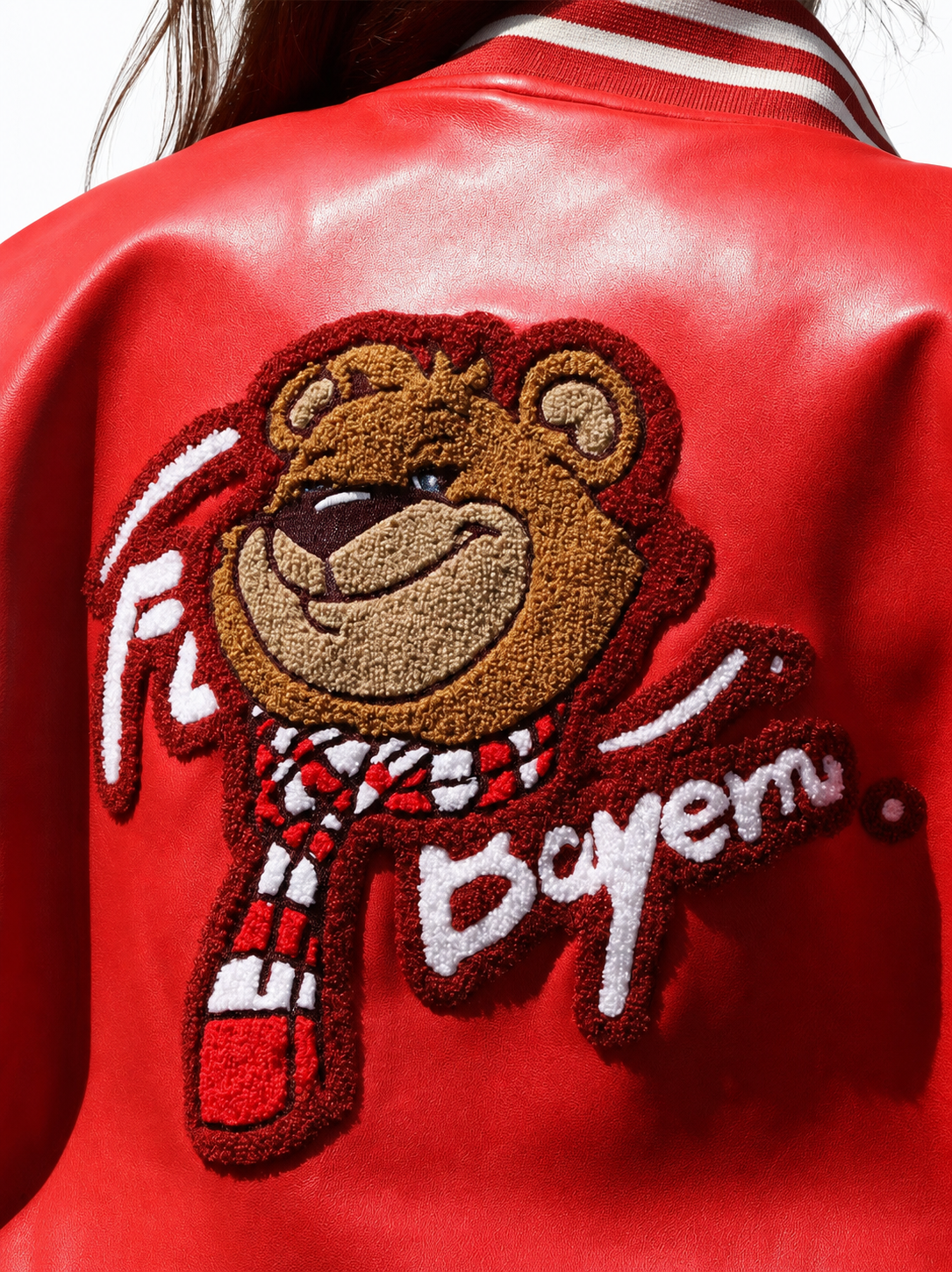 FC Bayern Munich Red Bear Varsity Jacket - embroidered bear back detail