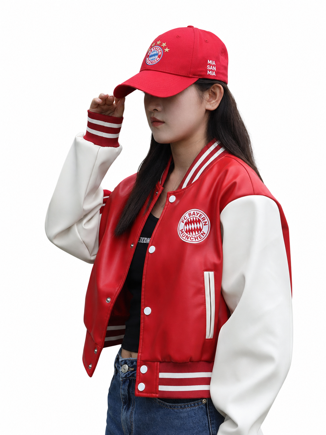 FC Bayern Munich Red Bear Varsity Jacket - front view on female model