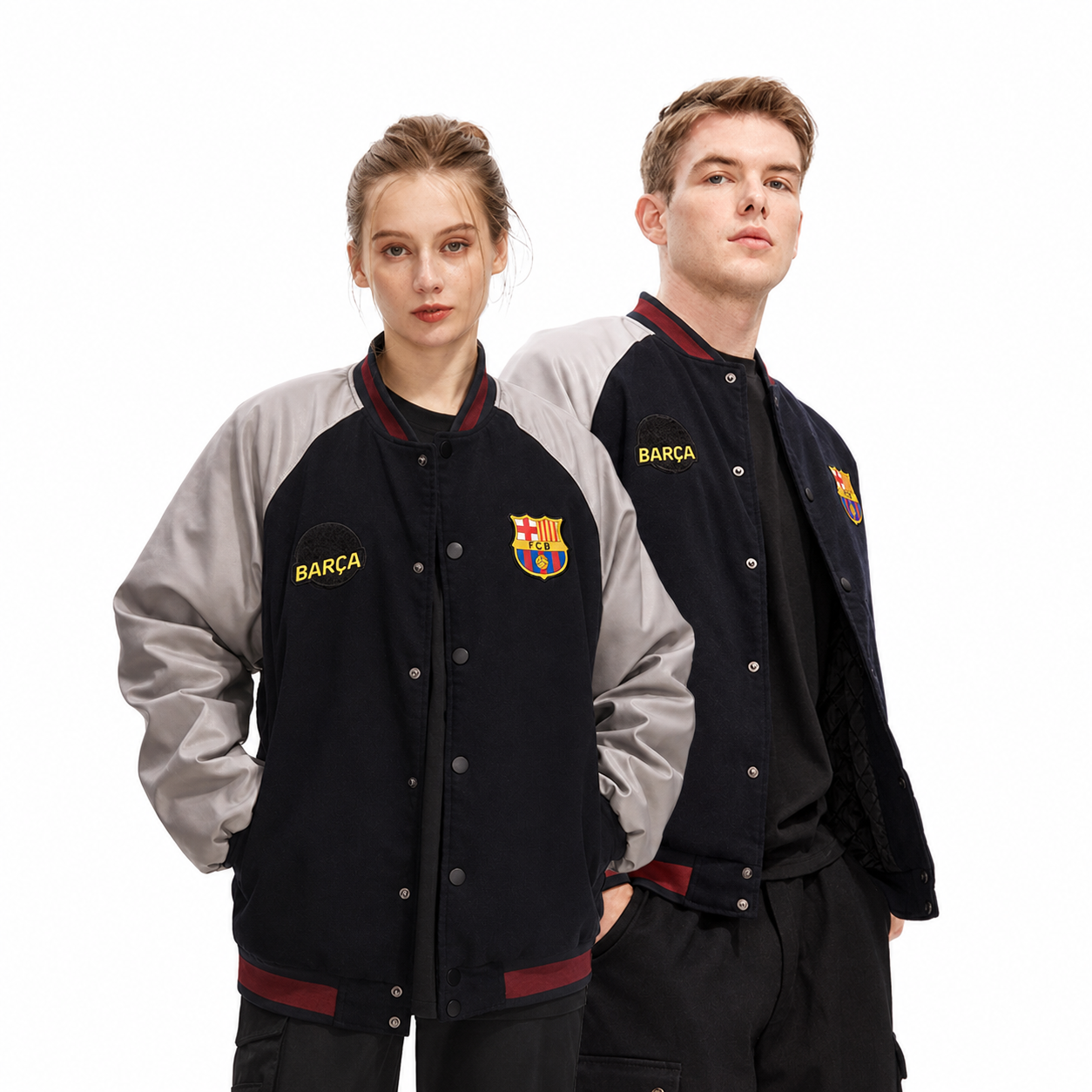 FC Barcelona Black & Gray Insulated Varsity Jacket - clean front view on two models