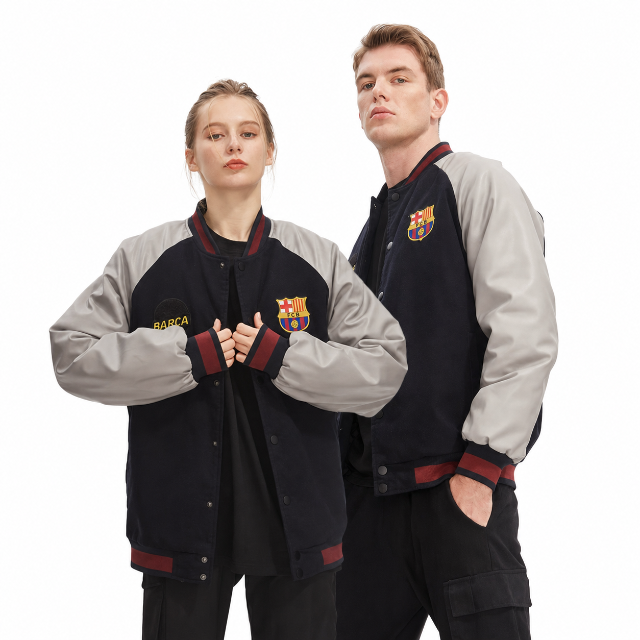 FC Barcelona Black & Gray Insulated Varsity Jacket - alternate front view on two models