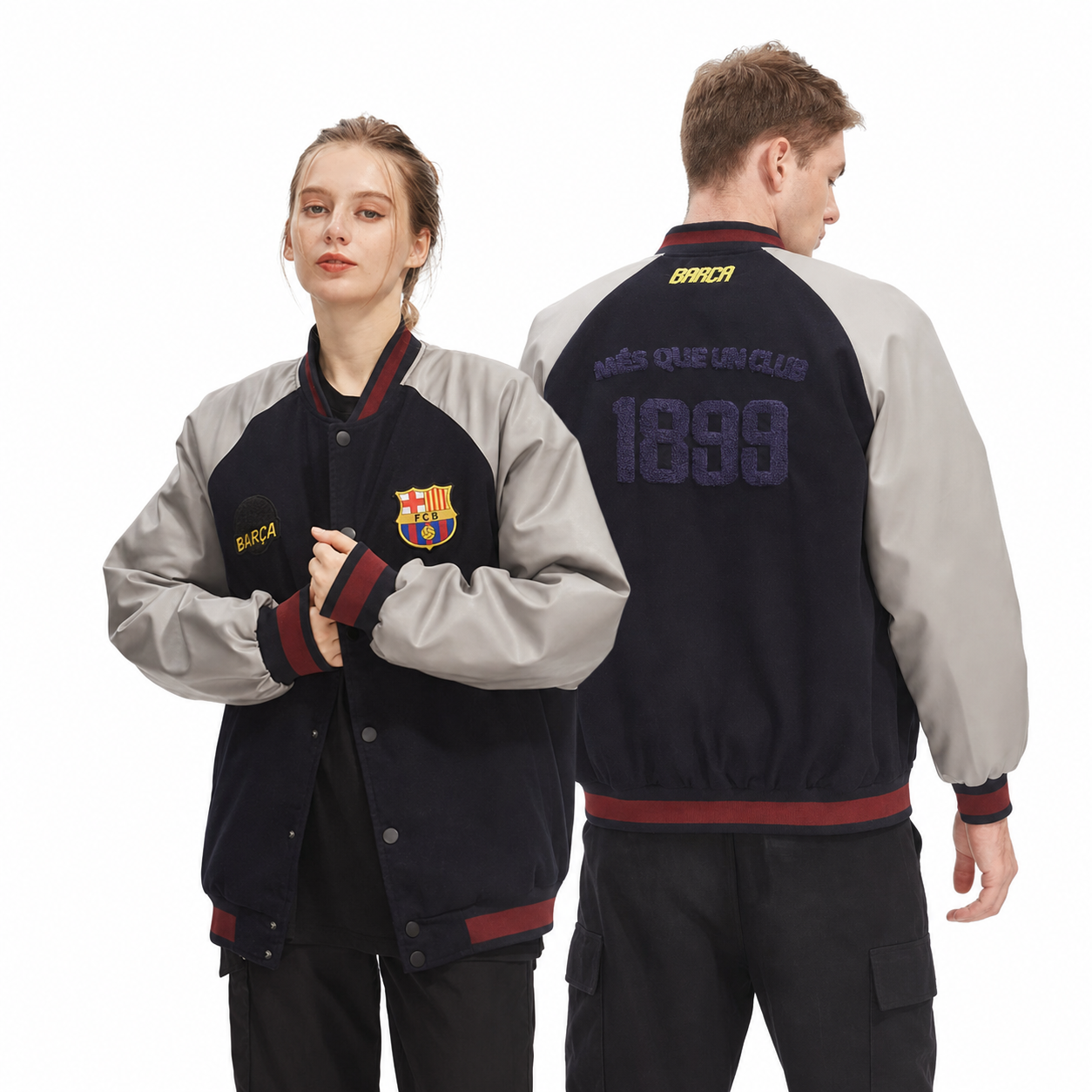 FC Barcelona Black & Gray Insulated Varsity Jacket - front and embroidered back view