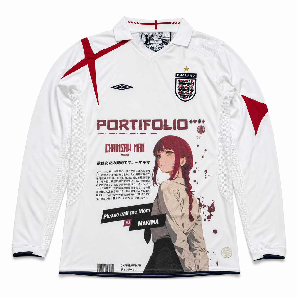 Makima England white graphic jersey long sleeve clean front view