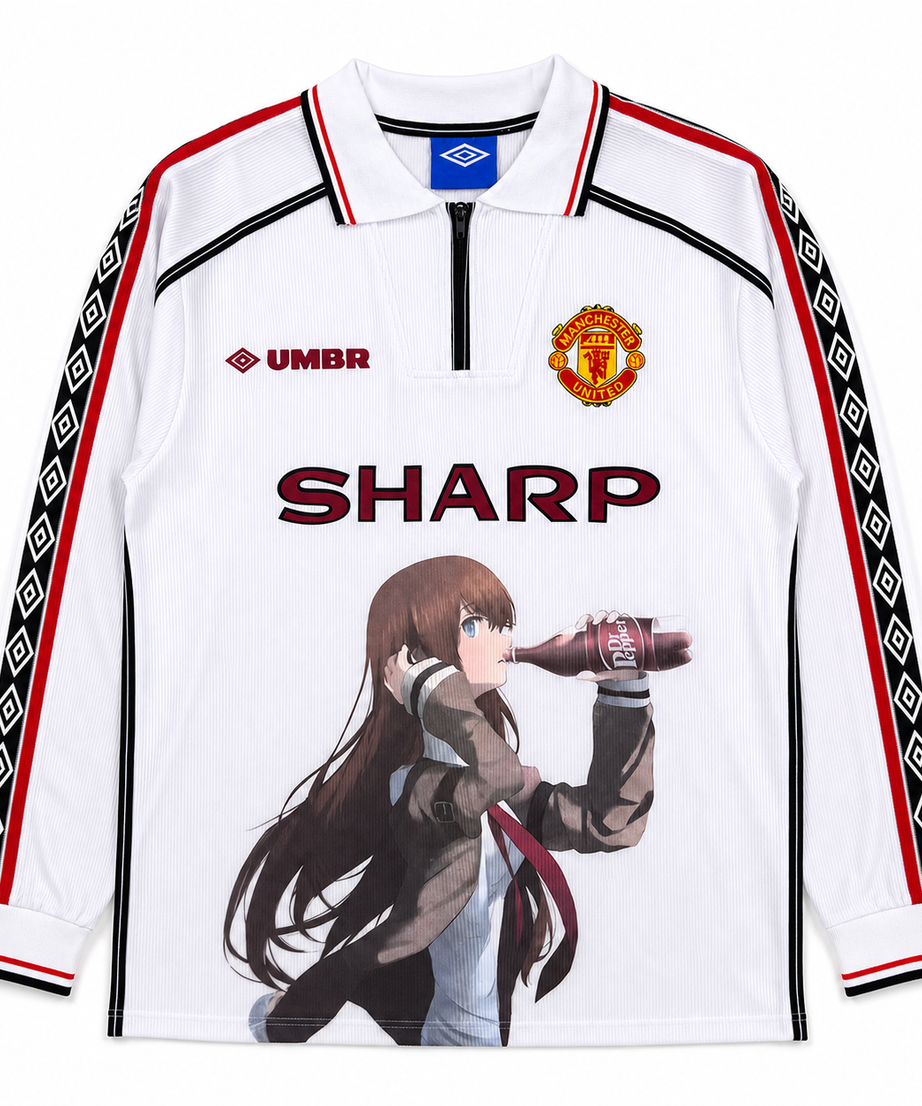 Kurisu Makise Manchester white long sleeve graphic jersey clean front view