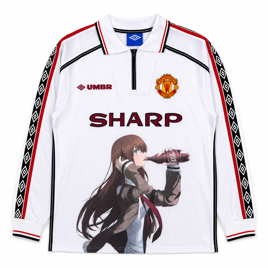 Kurisu Makise Manchester white long sleeve graphic jersey clean front view