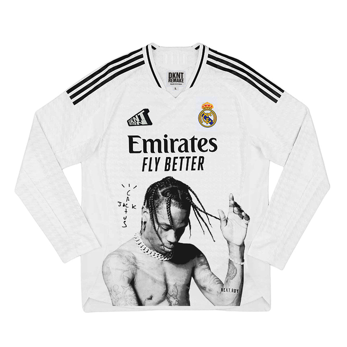 Camiseta de manga larga con trenzas blanca de Travis Scott para el Real Madrid