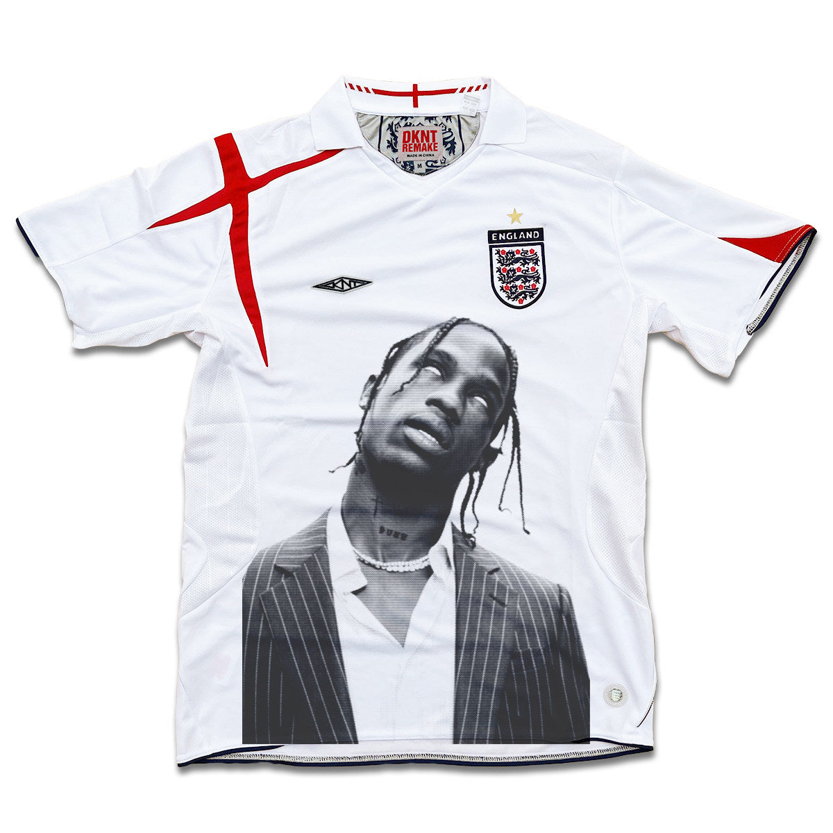 Travis Scott England Weißes Anzug-Portrait-Grafik-Trikot